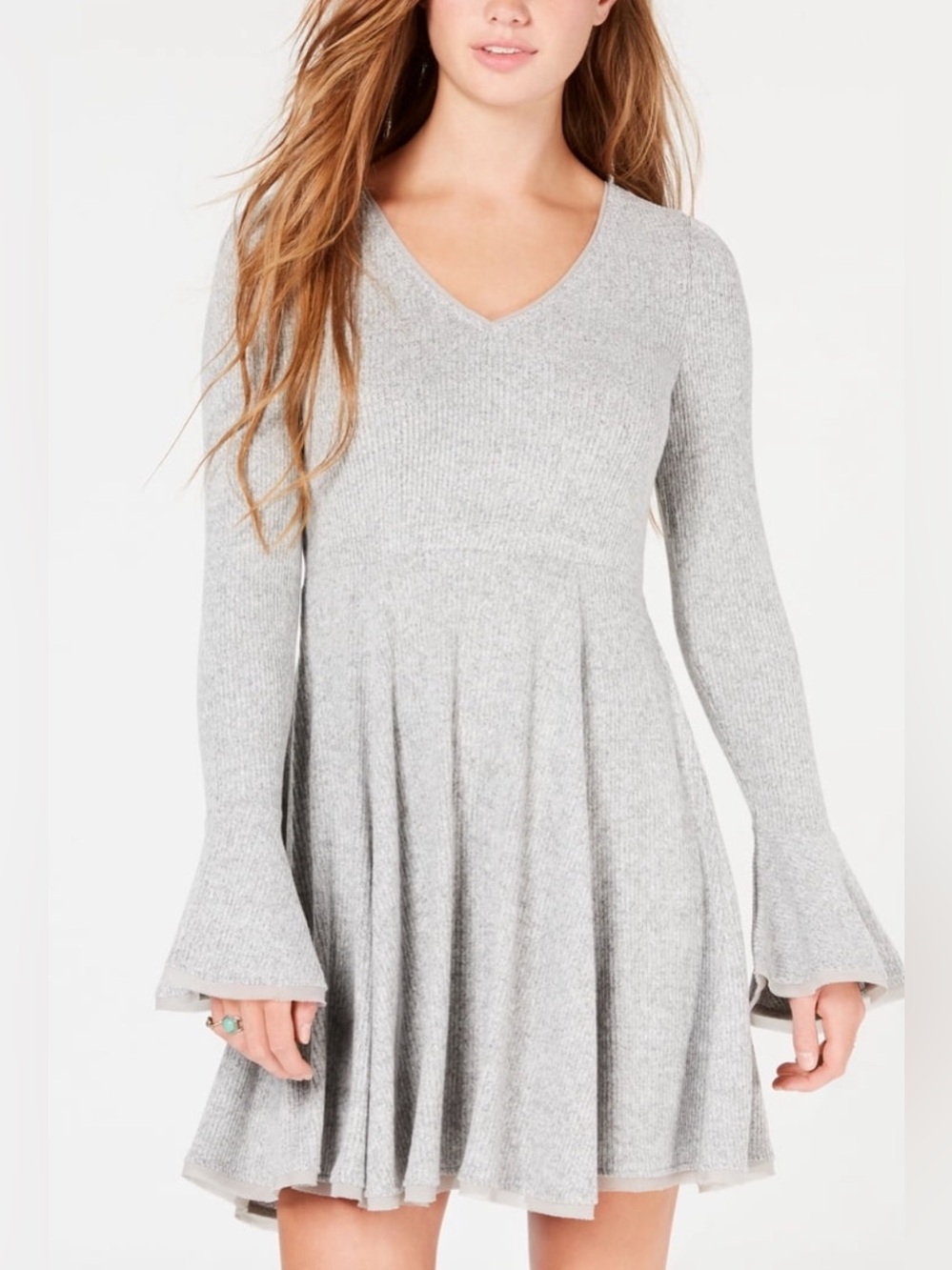 American Rag Heather Gray Ribbed Bell Sleeve Raw Hem Skater Dress Size Medium